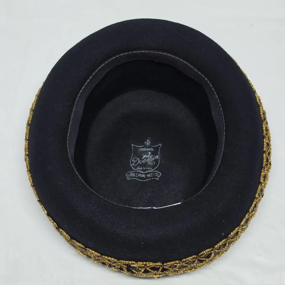 Vintage Doeskin Bollman Bolero Hat Black Wool Felt Sequins And Gold Accent USA
